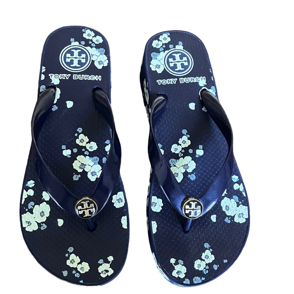 Tory Burch Black Floral Platform Thong Sandals - Picture 8 of 12